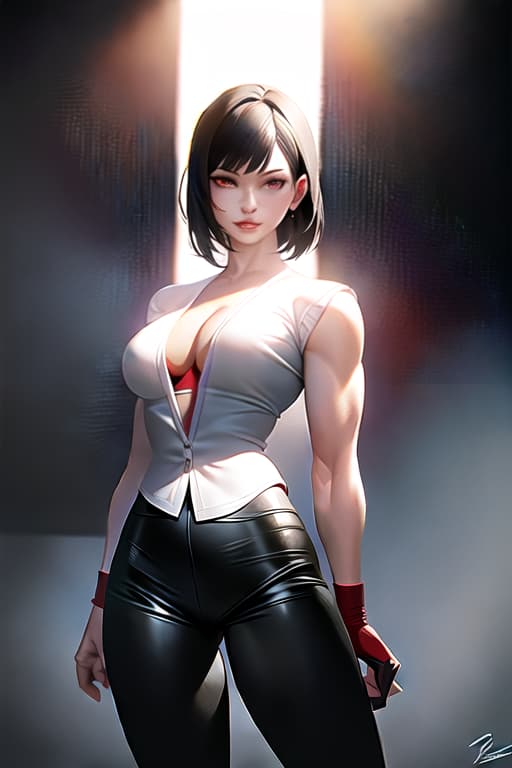  Black hair, berry short hair, beautiful woman, white dress shirt, Japanese samurai red armor, black leather pants, muscles, Japanese swords, head to thighs, (Masterpiece, BestQuality:1.3), (ultra detailed:1.2), (hyperrealistic:1.3), (RAW photo:1.2),High detail RAW color photo, professional photograph, (Photorealistic:1.4), (realistic:1.4), ,professional lighting, (japanese), beautiful face, (realistic face)