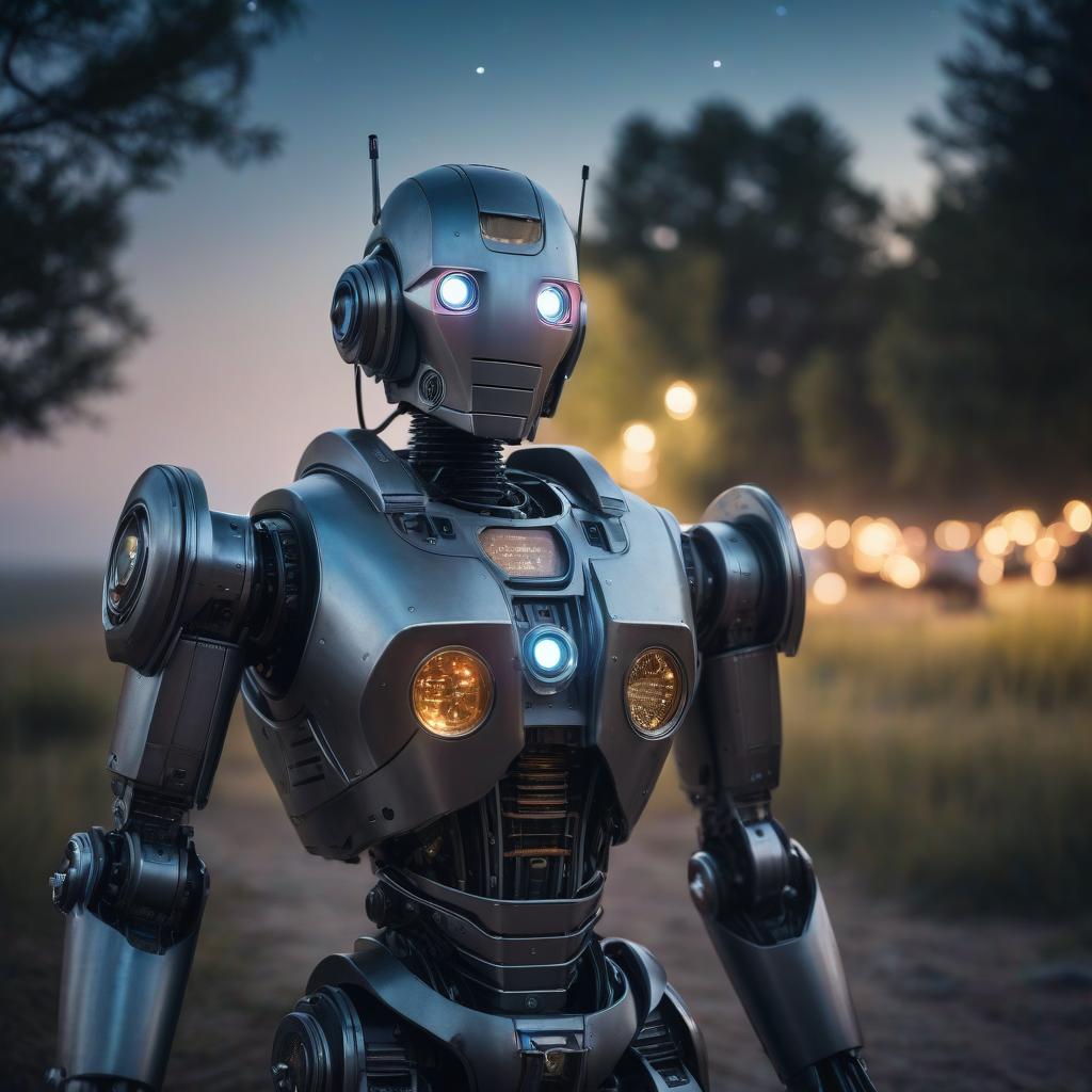  cinematic film still The robot looks at the stars in the night sky. . shallow depth of field, vignette, highly detailed, high budget, bokeh, cinemascope, moody, epic, gorgeous, film grain, grainy hyperrealistic, full body, detailed clothing, highly detailed, cinematic lighting, stunningly beautiful, intricate, sharp focus, f/1. 8, 85mm, (centered image composition), (professionally color graded), ((bright soft diffused light)), volumetric fog, trending on instagram, trending on tumblr, HDR 4K, 8K