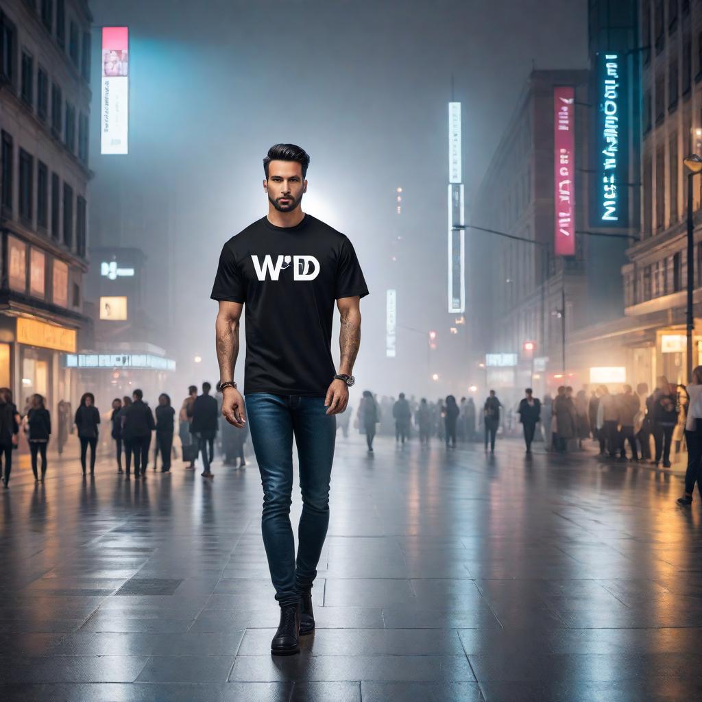  A T-shirt design featuring the logo 'W.K.D.' as seen in the provided image. The design should place the logo prominently on the front of the T-shirt, ensuring the text 'W.K.D.' is clear, stylish, and easily readable. The T-shirt should have a modern, urban feel suitable for a young, fashionable audience. Use a sleek, trendy font for the text and ensure the color scheme is bold and eye-catching, with high contrast to make the logo stand out. The T-shirt should look fresh and appealing. hyperrealistic, full body, detailed clothing, highly detailed, cinematic lighting, stunningly beautiful, intricate, sharp focus, f/1. 8, 85mm, (centered image composition), (professionally color graded), ((bright soft diffused light)), volumetric fog, trending on instagram, trending on tumblr, HDR 4K, 8K