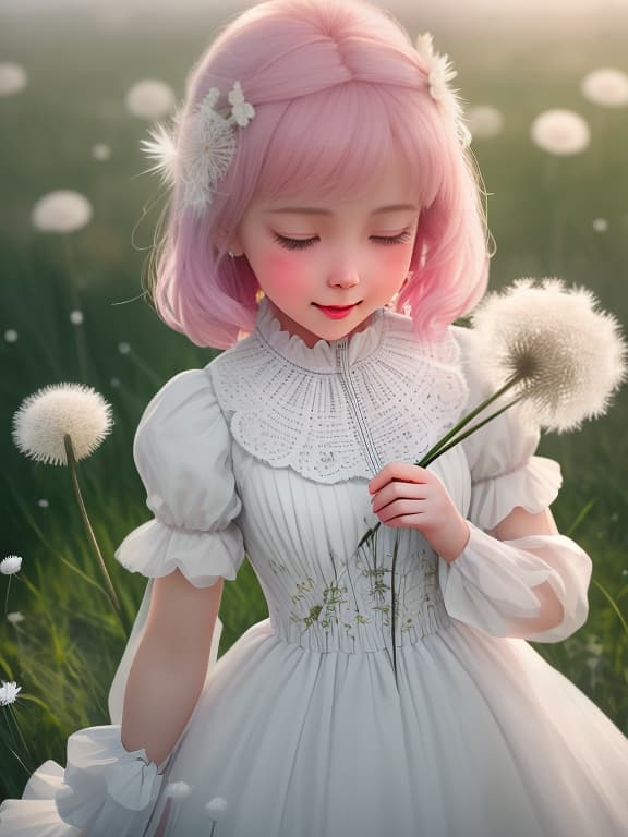  A cheerful little girl in a pink dress with bright white dots is holding a white fluffy dandelion and trying to blow on the dandelion, a field of white dandelions. hyperrealistic, full body, detailed clothing, highly detailed, cinematic lighting, stunningly beautiful, intricate, sharp focus, f/1. 8, 85mm, (centered image composition), (professionally color graded), ((bright soft diffused light)), volumetric fog, trending on instagram, trending on tumblr, HDR 4K, 8K