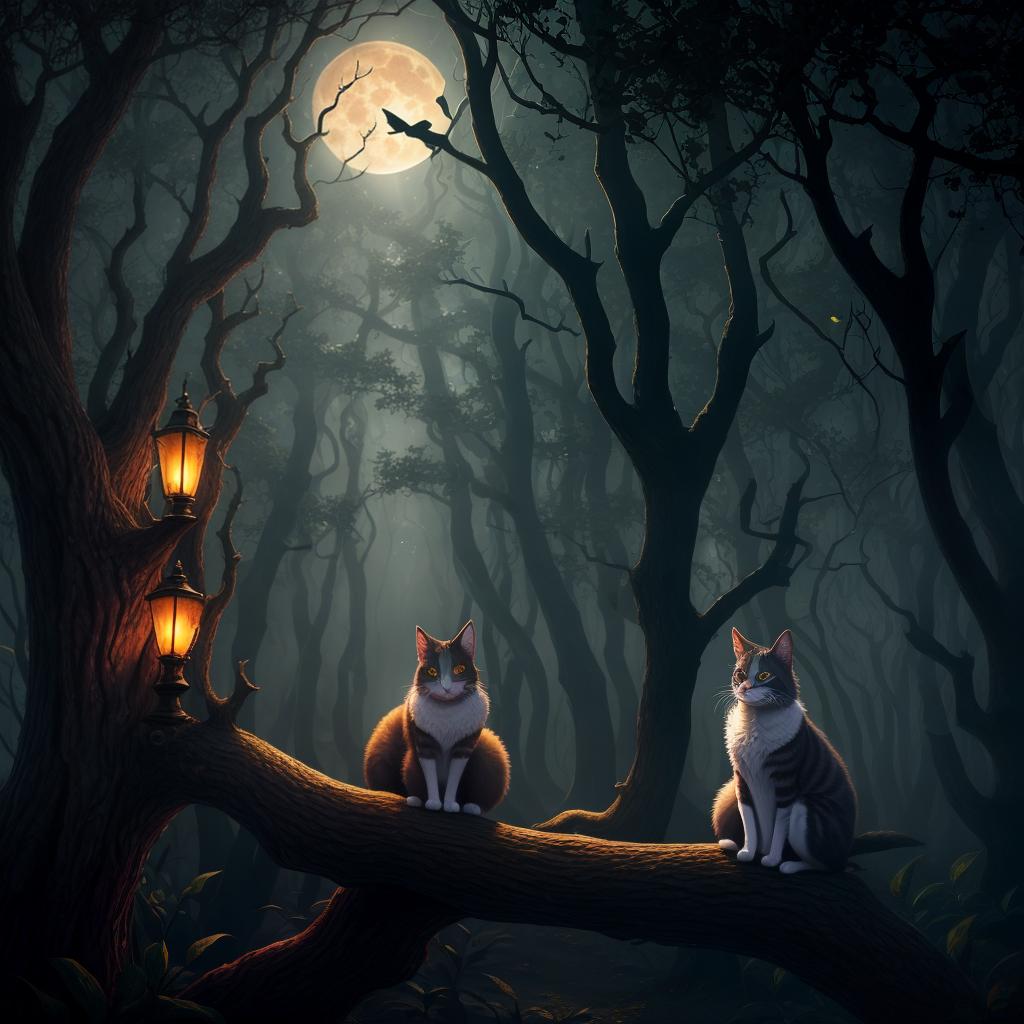  chesshirecat from Alice in wonderland, resting on a tree branch, lighting fog,moon showing through trees, glowing eyes, realistic