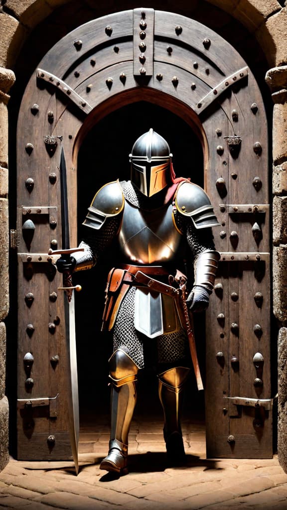  [The scene opens in a dimly lit medieval castle. The sound of heavy footsteps echoes through the corridors as a group of armored knights march purposefully towards a large, ornate door. Their faces are set with determination, their hands gripping the hilts of their swords. As they reach the door, one of the knights steps forward and raises a gloved fist, pounding against the thick wood. The sound reverberates through the hallway, signaling the start of a crucial moment in time.] hyperrealistic, full body, detailed clothing, highly detailed, cinematic lighting, stunningly beautiful, intricate, sharp focus, f/1. 8, 85mm, (centered image composition), (professionally color graded), ((bright soft diffused light)), volumetric fog, trending on instagram, trending on tumblr, HDR 4K, 8K