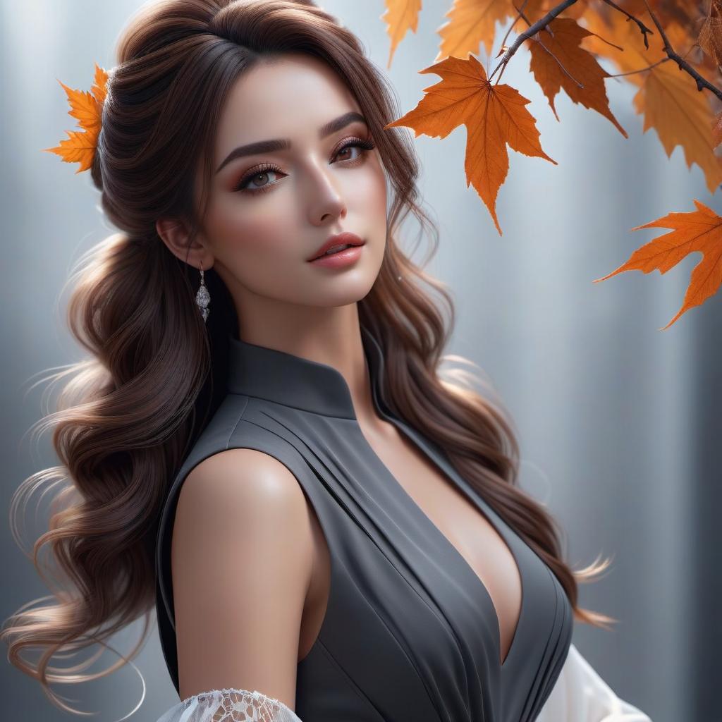  (Masterpiece, acrylic painting: 1.7). close up, portrait, , background nature autumn, crayons, pencils, 8k digital art, Artgerm, Steven DaLuz, imon Prades, Guweiz, John Berkey,, ultra hd, realistic, vivid colors, highly detailed, UHD drawing, pen and ink, perfect composition, beautiful detailed intricate insanely detailed octane render trending on artstation, 8k artistic photography, photorealistic concept art, soft natural volumetric cinematic perfect light young , european , brown eyes, straight brown long hair gathered in a ponytail, beautiful and regular facial features, , slender, dressed in a dark gray dress, narrow long fingers, graceful, full length, dress, black dress with white cuffs and a wh hyperrealistic, full body, detailed clothing, highly detailed, cinematic lighting, stunningly beautiful, intricate, sharp focus, f/1. 8, 85mm, (centered image composition), (professionally color graded), ((bright soft diffused light)), volumetric fog, trending on instagram, trending on tumblr, HDR 4K, 8K