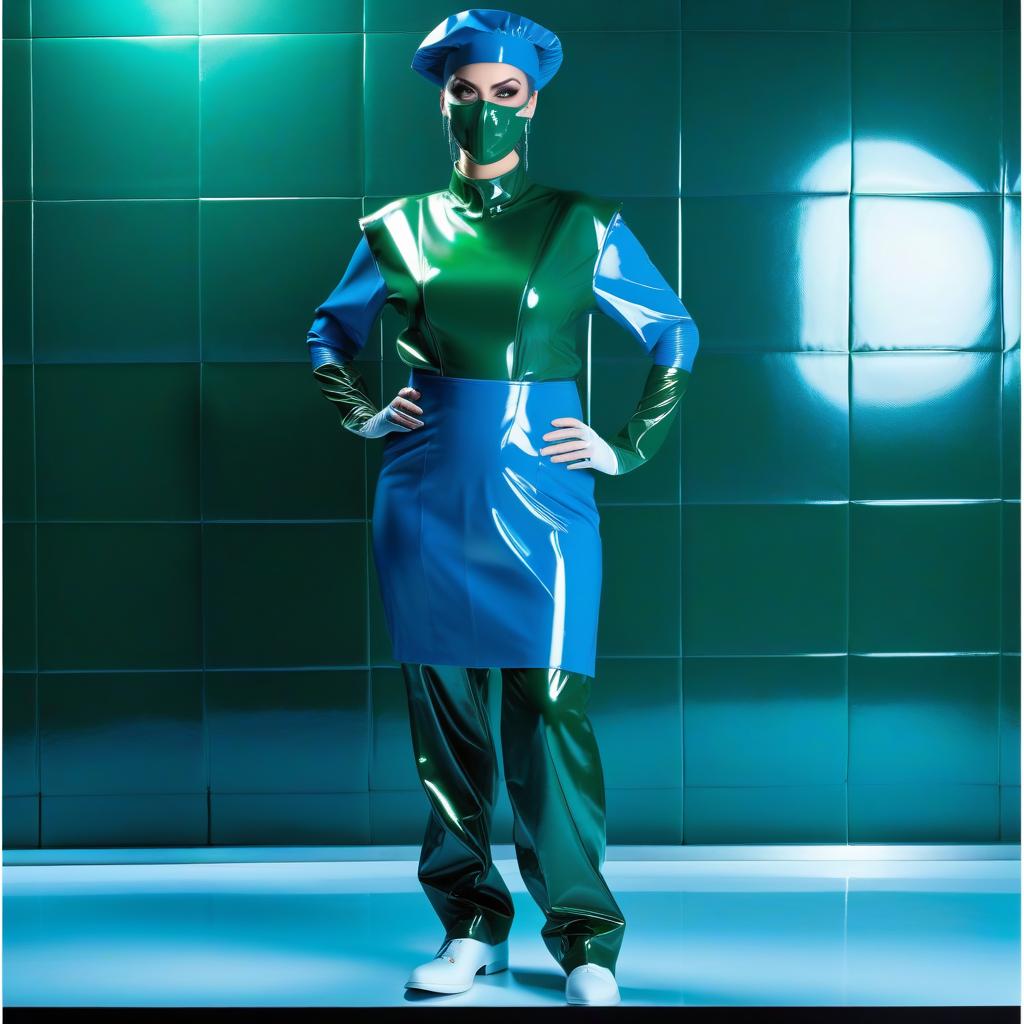  A woman surgeon, dressed in a corset made of two colored glossy latex, the upper part of the corset has a rounded cupola stretched upwards with pleats: dark blue, and the lower part of the corset is gathered with pleats with a dark green elastic strap. hyperrealistic, full body, detailed clothing, highly detailed, cinematic lighting, stunningly beautiful, intricate, sharp focus, f/1. 8, 85mm, (centered image composition), (professionally color graded), ((bright soft diffused light)), volumetric fog, trending on instagram, trending on tumblr, HDR 4K, 8K