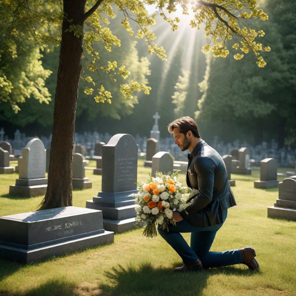  A heartwarming image of Michel kneeling in front of a grave at a cemetery. Michel is holding a bouquet of flowers, and there's a serene expression on his face as he prays. The grave is neat and well-kept, with a headstone engraved with a name and dates. The setting is peaceful with a few other graves around, tall trees, and soft, warm sunlight filtering through the clouds. hyperrealistic, full body, detailed clothing, highly detailed, cinematic lighting, stunningly beautiful, intricate, sharp focus, f/1. 8, 85mm, (centered image composition), (professionally color graded), ((bright soft diffused light)), volumetric fog, trending on instagram, trending on tumblr, HDR 4K, 8K