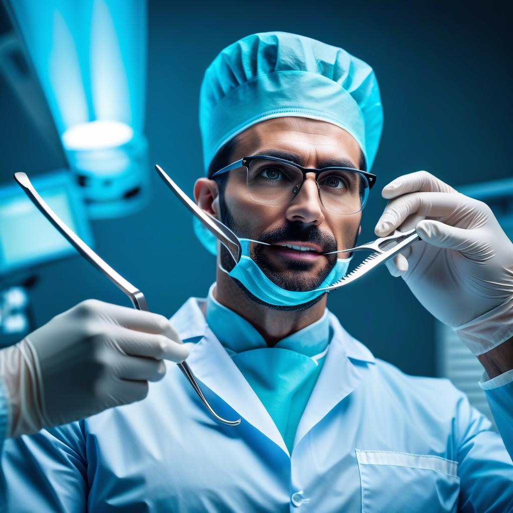  Dentist with large forceps in hands hyperrealistic, full body, detailed clothing, highly detailed, cinematic lighting, stunningly beautiful, intricate, sharp focus, f/1. 8, 85mm, (centered image composition), (professionally color graded), ((bright soft diffused light)), volumetric fog, trending on instagram, trending on tumblr, HDR 4K, 8K