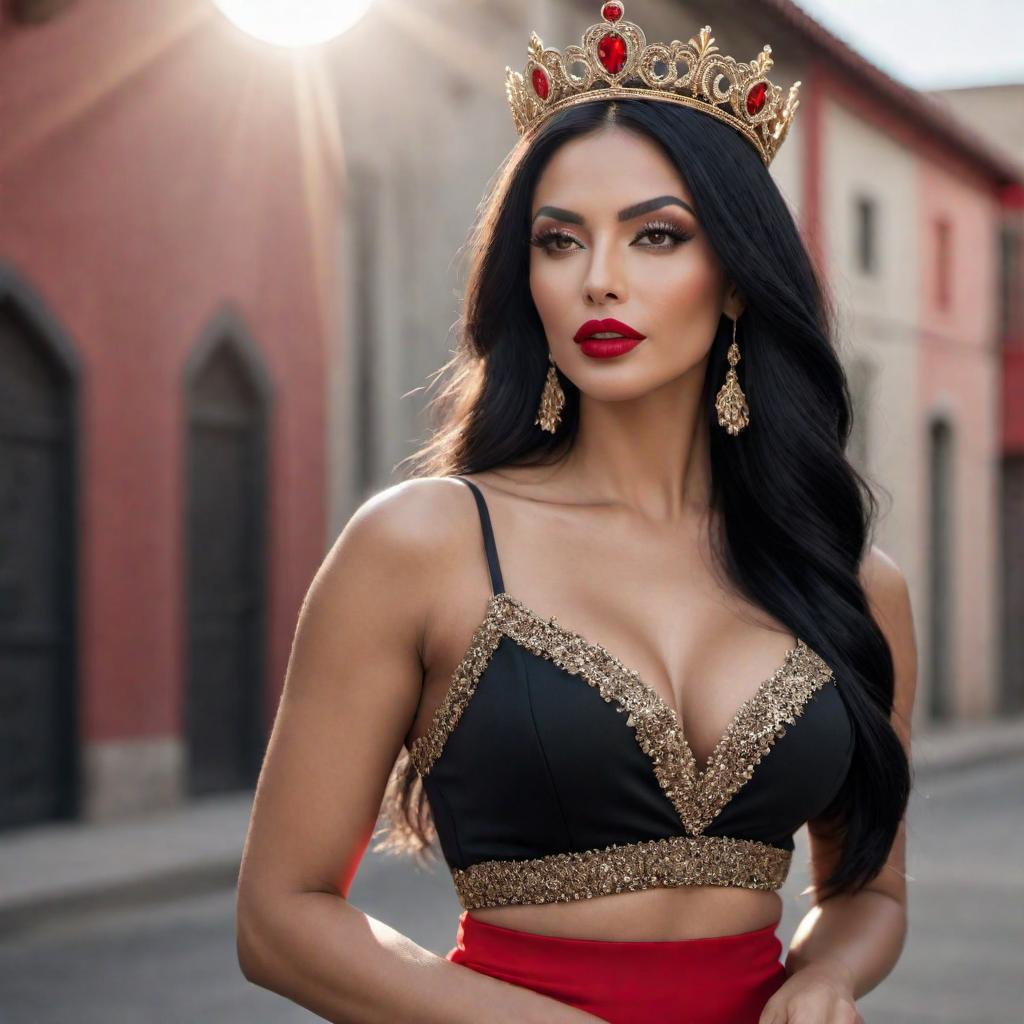  A Latina woman with long black hair, wearing a tank top, red heels, red lipstick, and holding a crown hyperrealistic, full body, detailed clothing, highly detailed, cinematic lighting, stunningly beautiful, intricate, sharp focus, f/1. 8, 85mm, (centered image composition), (professionally color graded), ((bright soft diffused light)), volumetric fog, trending on instagram, trending on tumblr, HDR 4K, 8K