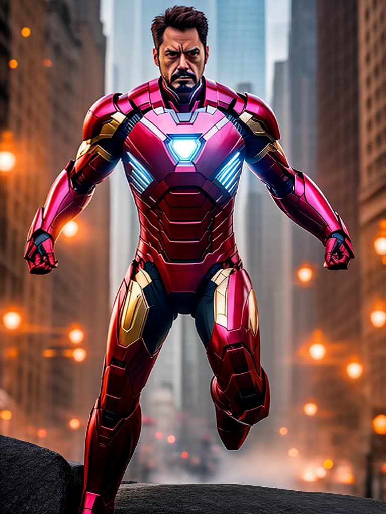  ironman tony stark in cinematic poster hyperrealistic, full body, detailed clothing, highly detailed, cinematic lighting, stunningly beautiful, intricate, sharp focus, f/1. 8, 85mm, (centered image composition), (professionally color graded), ((bright soft diffused light)), volumetric fog, trending on instagram, trending on tumblr, HDR 4K, 8K