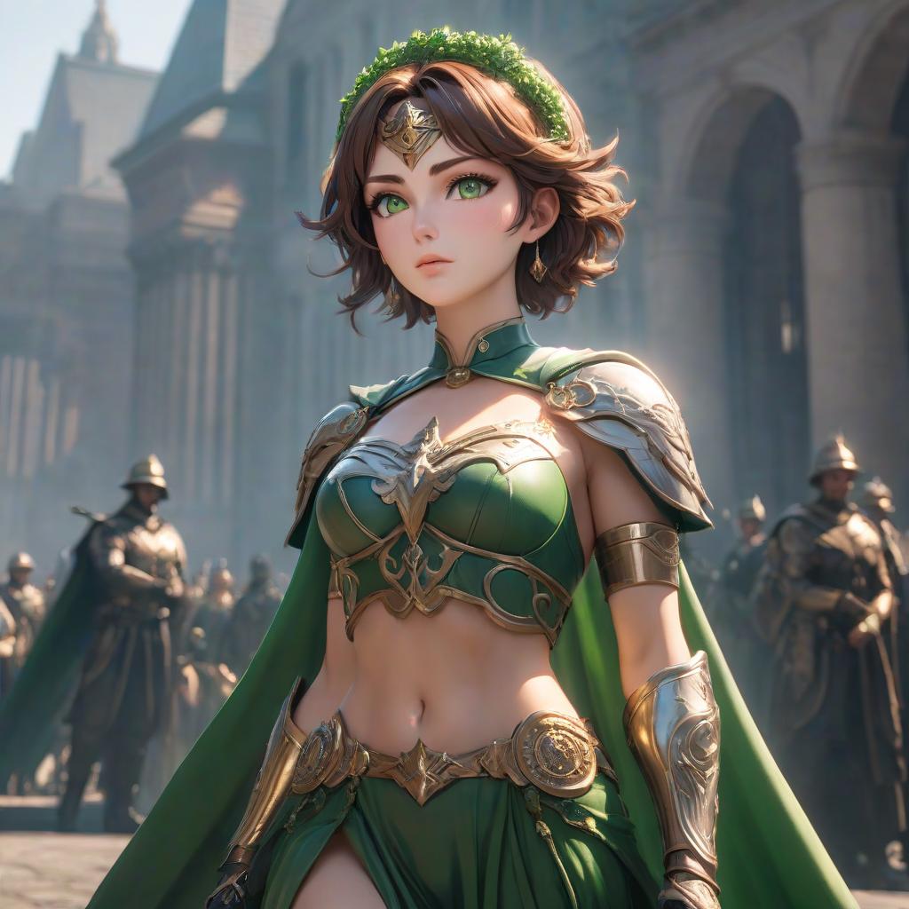  The goddess of justice and order. Short brown hair, green eyes hyperrealistic, full body, detailed clothing, highly detailed, cinematic lighting, stunningly beautiful, intricate, sharp focus, f/1. 8, 85mm, (centered image composition), (professionally color graded), ((bright soft diffused light)), volumetric fog, trending on instagram, trending on tumblr, HDR 4K, 8K