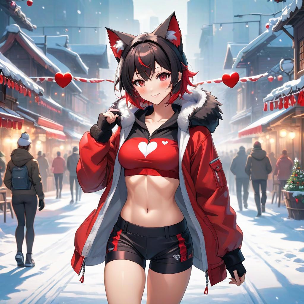  anime artwork A nine yea , beautiful face, black and red with a heart in the middle, perfect body shape, large s and , black and red shorts, cat ears, smiling, sporty, muscular arms and press, in a New Year's hat, winter. . anime style, key visual, vint, studio anime, highly detailed hyperrealistic, full body, detailed clothing, highly detailed, cinematic lighting, stunningly beautiful, intricate, sharp focus, f/1. 8, 85mm, (centered image composition), (professionally color graded), ((bright soft diffused light)), volumetric fog, trending on instagram, trending on tumblr, HDR 4K, 8K