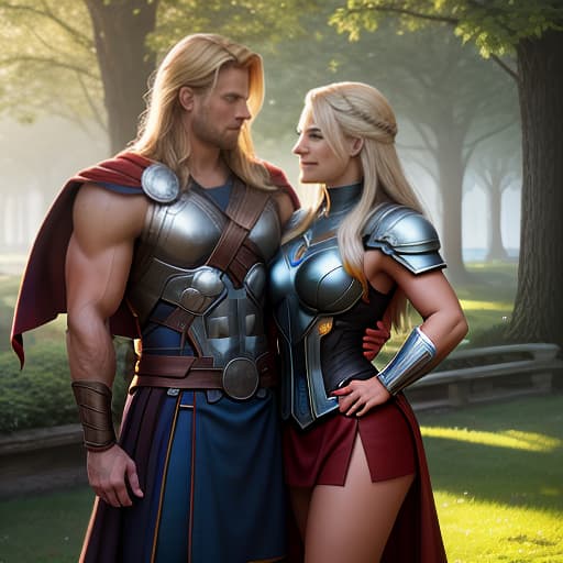  Mighty Thor and Valkyrie (Marvel Comics superheroes) finding time for the simple pleasures of life spend the summer enjoying a well deserved vacation having a barbecue picnic in a picturesque park, the environment emphasizes his unique heroic superpowers and character, bright colors, warm sunshine, carefree mood, fun with humor graphic style. hyperrealistic, full body, detailed clothing, highly detailed, cinematic lighting, stunningly beautiful, intricate, sharp focus, f/1. 8, 85mm, (centered image composition), (professionally color graded), ((bright soft diffused light)), volumetric fog, trending on instagram, trending on tumblr, HDR 4K, 8K