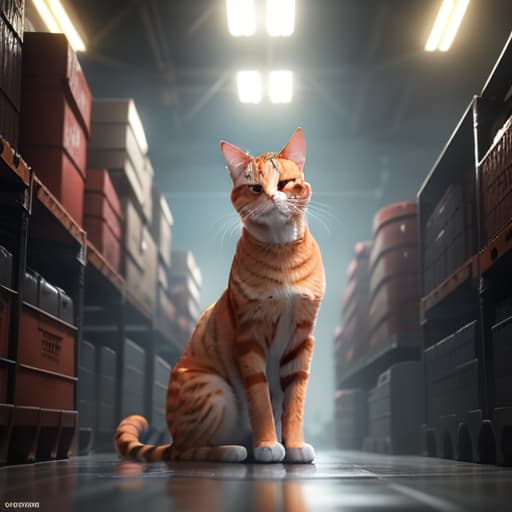  An orange cat in a huge factory with many oil drums hyperrealistic, full body, detailed clothing, highly detailed, cinematic lighting, stunningly beautiful, intricate, sharp focus, f/1. 8, 85mm, (centered image composition), (professionally color graded), ((bright soft diffused light)), volumetric fog, trending on instagram, trending on tumblr, HDR 4K, 8K