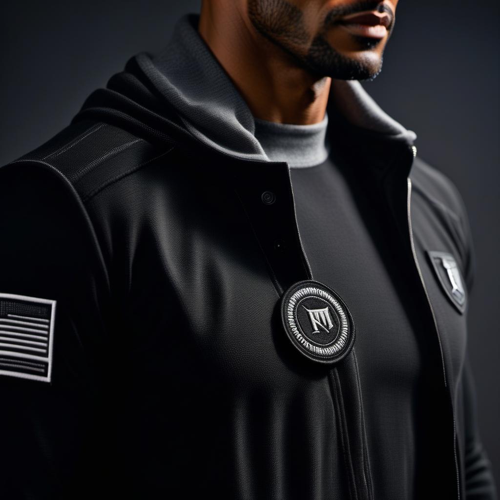  demonstration of a small round patch on the corner of a black gray piece of clothing on a person hyperrealistic, full body, detailed clothing, highly detailed, cinematic lighting, stunningly beautiful, intricate, sharp focus, f/1. 8, 85mm, (centered image composition), (professionally color graded), ((bright soft diffused light)), volumetric fog, trending on instagram, trending on tumblr, HDR 4K, 8K