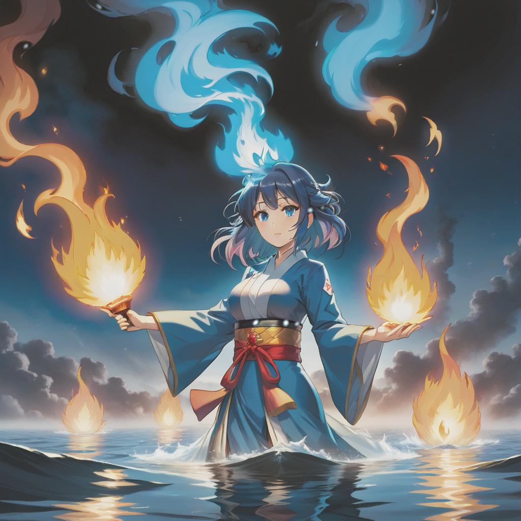  manga style Dark space on water surface. In this dark space, one can see a blue flame, from this flame, the soul of a girl appears, who is the same color as the flame. . vibrant, high energy, detailed, iconic, Japanese comic style hyperrealistic, full body, detailed clothing, highly detailed, cinematic lighting, stunningly beautiful, intricate, sharp focus, f/1. 8, 85mm, (centered image composition), (professionally color graded), ((bright soft diffused light)), volumetric fog, trending on instagram, trending on tumblr, HDR 4K, 8K