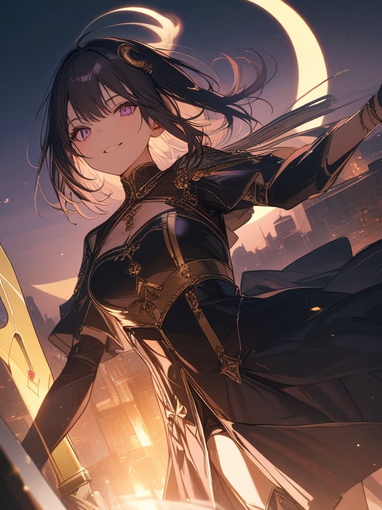  Holy sword,golden sword,burning city,smile,sword raised,golden light,Excalibur,cool girl,Black hair,(purple eyes),short,cropped hair,crescent moon hair ornament, masterpiece, best quality,8k,ultra detailed,high resolution,an extremely delicate and beautiful,hyper detail