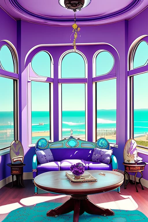  sf interior with purple and turquoise accents, handmade furniture, circle window, sea view outside, vintage photo