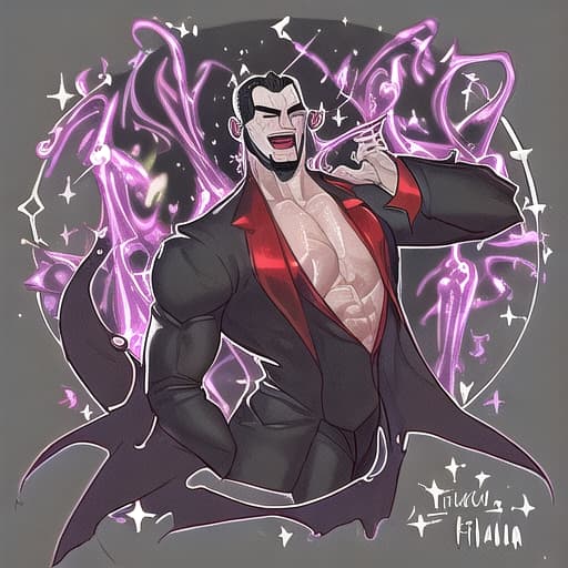  Medium Muscular handsome Dracula thinking deeply with full clothes with his two teeth showing and a fizzy sparkling black background as a scientist