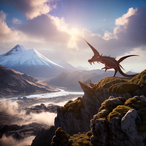 redshift style DRAGONS FLYING OVER SKIES, SNOWY MOUNTAINS, VOLCANIC STORMS, AND SOLDIERS FIGHTING UNDER THE SLOGAN MELANO DRAGON hyperrealistic, full body, detailed clothing, highly detailed, cinematic lighting, stunningly beautiful, intricate, sharp focus, f/1. 8, 85mm, (centered image composition), (professionally color graded), ((bright soft diffused light)), volumetric fog, trending on instagram, trending on tumblr, HDR 4K, 8K