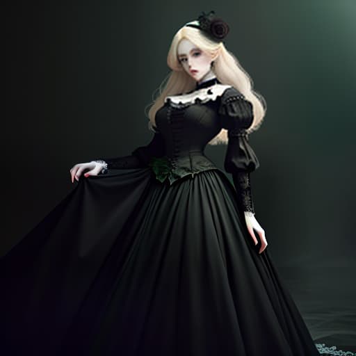  A porcelain doll, from head to toe, a old , with long, light colored hair, big expressive eyes, the doll is dressed in black, a beautiful black outfit, a black Victorian era dress. The color palette of the image consists of black and green shades, which give it a special depth and mystery. The lighting is evening. V5. High detail. Ilration., (intricate details:1.12), hdr, (intricate details, hyperdetailed:1.15) hyperrealistic, full body, detailed clothing, highly detailed, cinematic lighting, stunningly beautiful, intricate, sharp focus, f/1. 8, 85mm, (centered image composition), (professionally color graded), ((bright soft diffused light)), volumetric fog, trending on instagram, trending on tumblr, HDR 4K, 8K