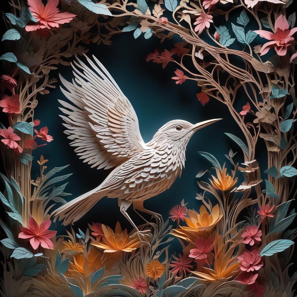  stacked papercut art of The Gamayun bird, a fairy tale setting. . 3D, layered, dimensional, depth, precision cut, stacked layers, papercut, high contrast hyperrealistic, full body, detailed clothing, highly detailed, cinematic lighting, stunningly beautiful, intricate, sharp focus, f/1. 8, 85mm, (centered image composition), (professionally color graded), ((bright soft diffused light)), volumetric fog, trending on instagram, trending on tumblr, HDR 4K, 8K