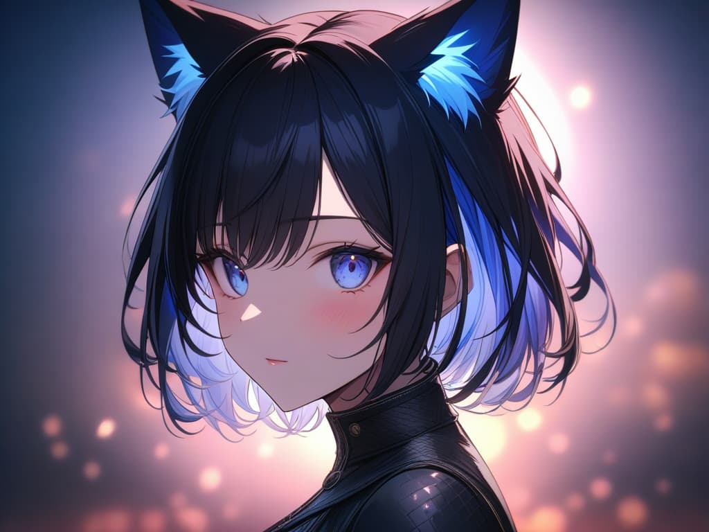  Short hair, light blue mesh, , cat ears, jit eyes, light blue eyes, big s, dark blue hair, light blue inner color, witch, masterpiece, best quality,8k,ultra detailed,high resolution,an extremely delicate and beautiful,hyper detail hyperrealistic, full body, detailed clothing, highly detailed, cinematic lighting, stunningly beautiful, intricate, sharp focus, f/1. 8, 85mm, (centered image composition), (professionally color graded), ((bright soft diffused light)), volumetric fog, trending on instagram, trending on tumblr, HDR 4K, 8K