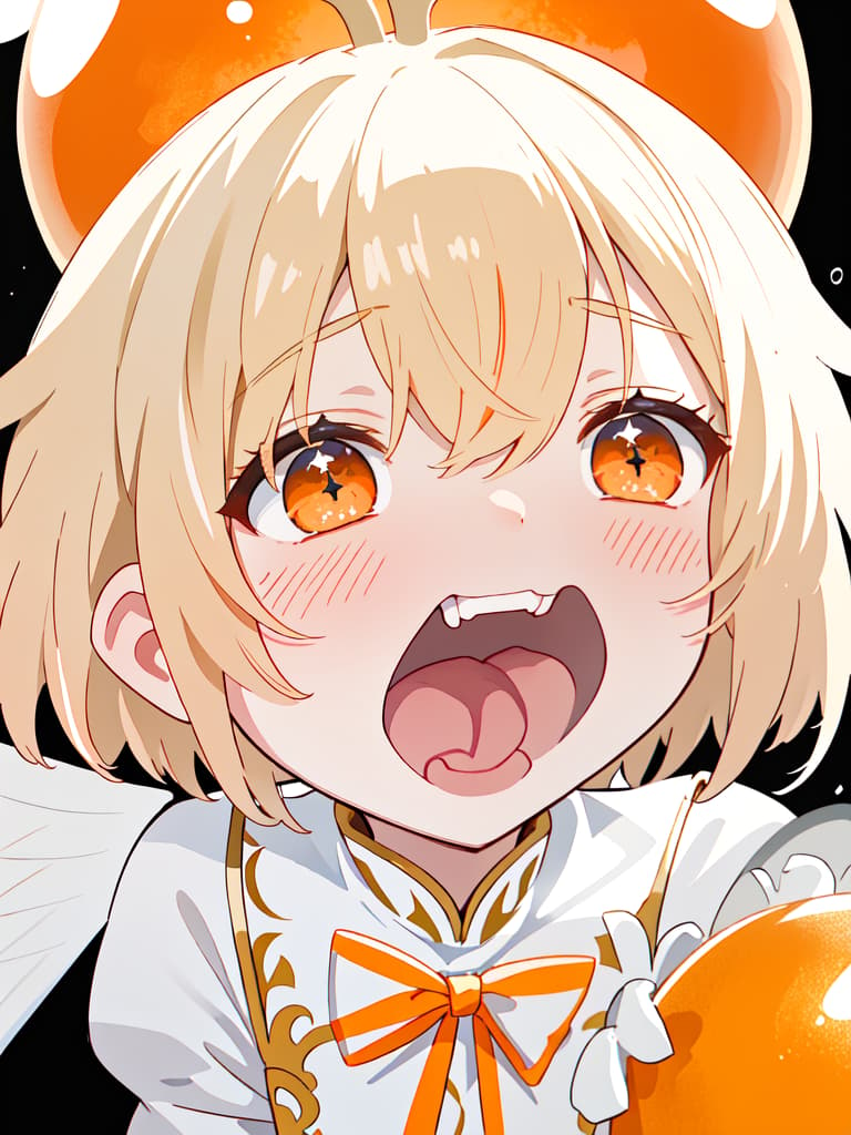  orange messy short hair boy、ultra detailed very narrow eyes、opened mouth stick tongue out、BREAK、white costume、BREAK、black background、💩、💩、💩、💩、💩、, masterpiece, best quality,8k,ultra detailed,high resolution,an extremely delicate and beautiful,hyper detail