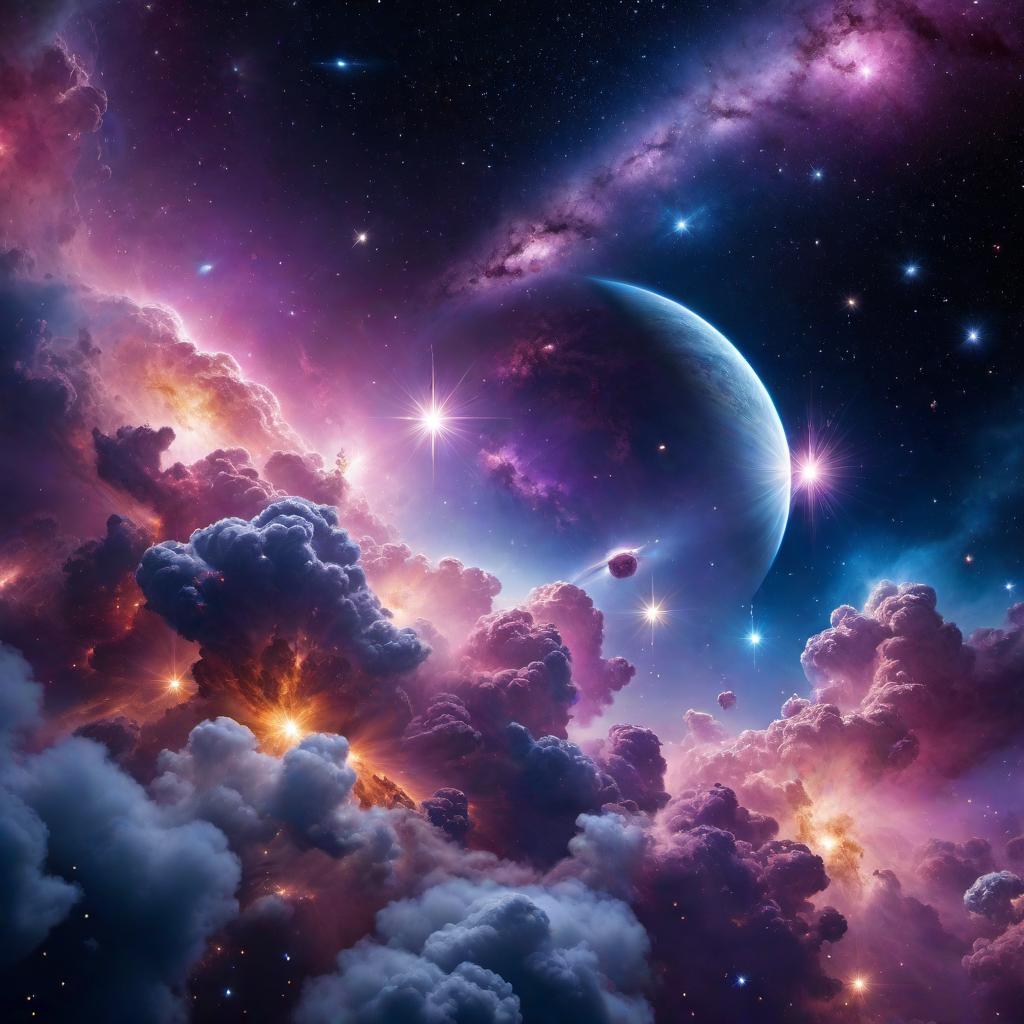  A vibrant and colorful universe filled with swirling galaxies, sparkling stars, planets of various shapes and sizes, nebula clouds, and shooting stars. The scene should convey a sense of vastness and beauty, with a cosmic color palette of deep blues, purples, pinks, and golds. hyperrealistic, full body, detailed clothing, highly detailed, cinematic lighting, stunningly beautiful, intricate, sharp focus, f/1. 8, 85mm, (centered image composition), (professionally color graded), ((bright soft diffused light)), volumetric fog, trending on instagram, trending on tumblr, HDR 4K, 8K