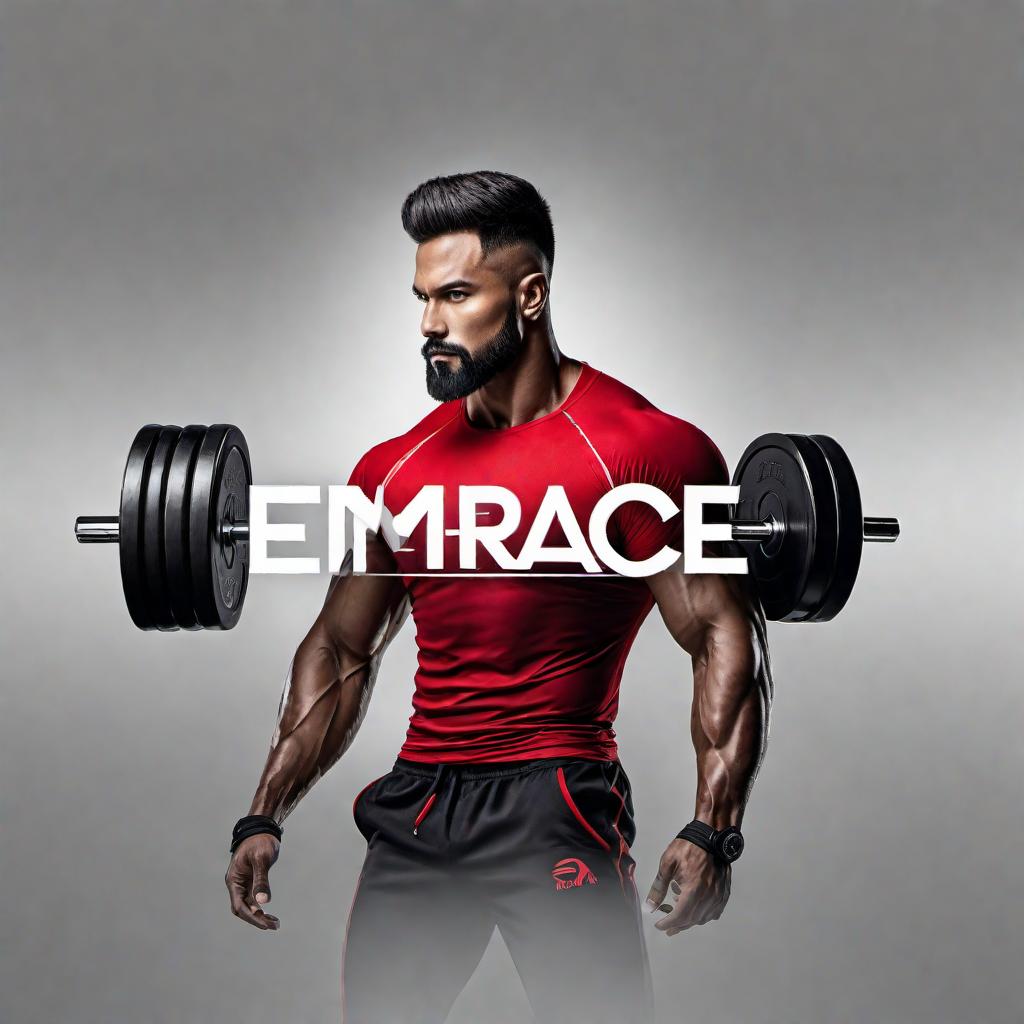  A modern style logo for Embrace Athletics, a fitness brand. The logo should include the business name and the slogan 'Embrace your fitness'. Use the colors silver, black, and red. Incorporate fitness-related elements such as a dumbbell, running figure, or yoga pose. Make the design bold and dynamic to resonate with a modern fitness audience. hyperrealistic, full body, detailed clothing, highly detailed, cinematic lighting, stunningly beautiful, intricate, sharp focus, f/1. 8, 85mm, (centered image composition), (professionally color graded), ((bright soft diffused light)), volumetric fog, trending on instagram, trending on tumblr, HDR 4K, 8K