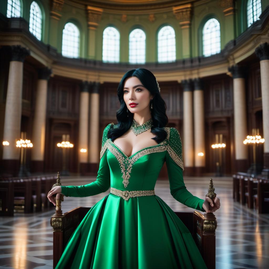  cinematic photo A girl with black hair and fair skin, wearing a green open dress, stands in the middle of the throne hall. . 35mm photograph, film, bokeh, professional, 4k, highly detailed hyperrealistic, full body, detailed clothing, highly detailed, cinematic lighting, stunningly beautiful, intricate, sharp focus, f/1. 8, 85mm, (centered image composition), (professionally color graded), ((bright soft diffused light)), volumetric fog, trending on instagram, trending on tumblr, HDR 4K, 8K