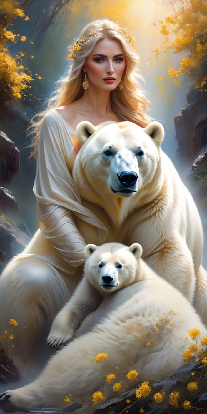  impressionist painting Digital oil painting impasto. Gorgeous correct, realistic polar bear. Beautiful, majestic, mystical, epic appearance:: detailed white fur. Background:: surreal abstract with runic circle, thin vines, dandelion and fantastic golden blossoms. Glowing signs and sparkling particles. Detailed detailing. Stylistics: fairy tale, dream, fantasy, modern. In the style of Nikolai Feshin, Pino Daeni, Gerhartz. . loose brushwork, vibrant color, light and shadow play, captures feeling over form hyperrealistic, full body, detailed clothing, highly detailed, cinematic lighting, stunningly beautiful, intricate, sharp focus, f/1. 8, 85mm, (centered image composition), (professionally color graded), ((bright soft diffused light)), volumetric fog, trending on instagram, trending on tumblr, HDR 4K, 8K