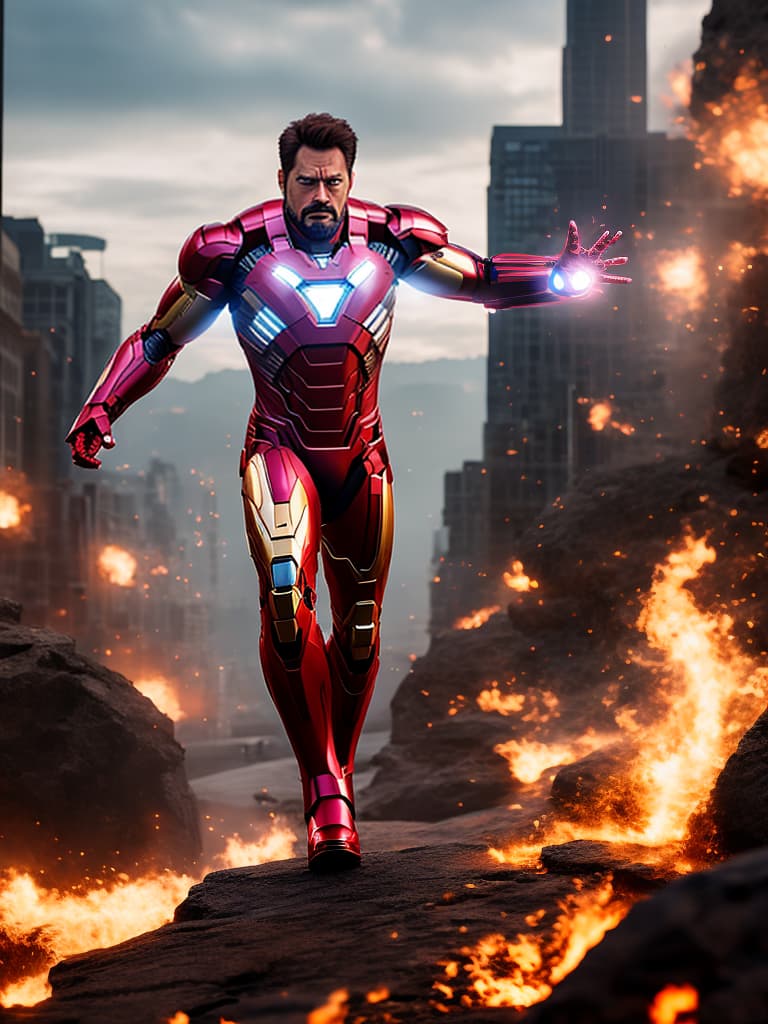  ironman tony stark in cinematic poster hyperrealistic, full body, detailed clothing, highly detailed, cinematic lighting, stunningly beautiful, intricate, sharp focus, f/1. 8, 85mm, (centered image composition), (professionally color graded), ((bright soft diffused light)), volumetric fog, trending on instagram, trending on tumblr, HDR 4K, 8K