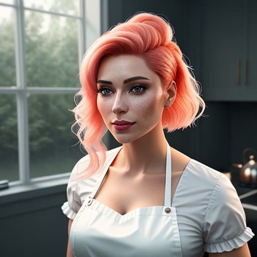  a closeup portrait of a playful maid, undercut hair, see through apron, amazing body, pronounced feminine feature, busty, kitchen, [ash blonde | ginger | pink hair], freckles, flirting with camera hyperrealistic, full body, detailed clothing, highly detailed, cinematic lighting, stunningly beautiful, intricate, sharp focus, f/1. 8, 85mm, (centered image composition), (professionally color graded), ((bright soft diffused light)), volumetric fog, trending on instagram, trending on tumblr, HDR 4K, 8K