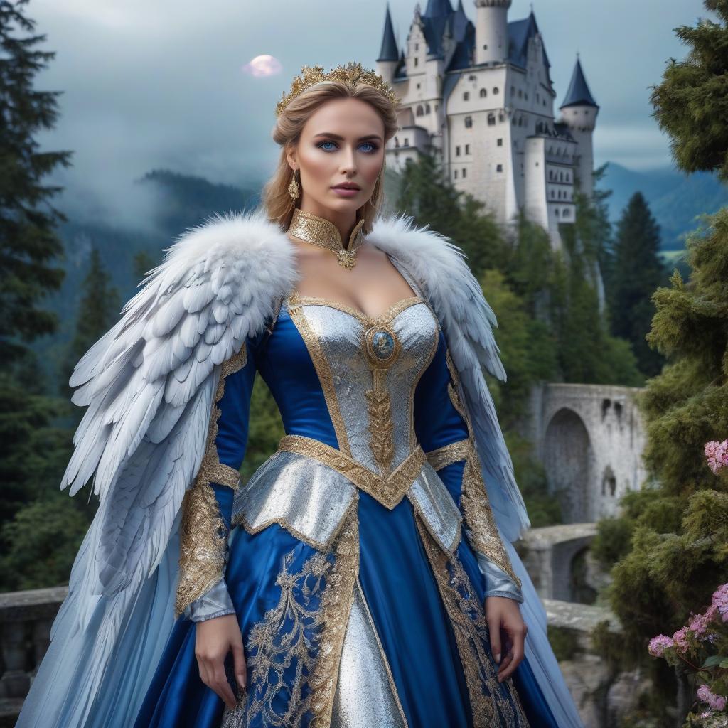  Fairy tale blue eyed eagle. Neuschwanstein. The girl in the gold dress. A very pretty girl. Garden of Eden. Rain. Flying saucer. Space, fantasy. Purple, blue, silver colors. Moon. hyperrealistic, full body, detailed clothing, highly detailed, cinematic lighting, stunningly beautiful, intricate, sharp focus, f/1. 8, 85mm, (centered image composition), (professionally color graded), ((bright soft diffused light)), volumetric fog, trending on instagram, trending on tumblr, HDR 4K, 8K