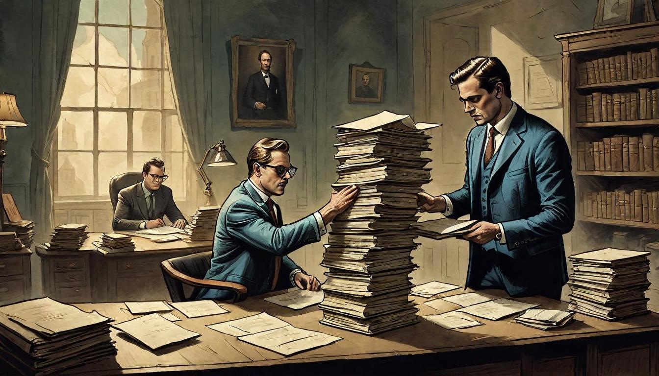  on parchment, surrealism+++, A colleague placing a heavy stack of folders on another's desk, both in dimly lit office, imbalance of effort and victimhood(mysterious, provocative, symbolic,muted color)+++