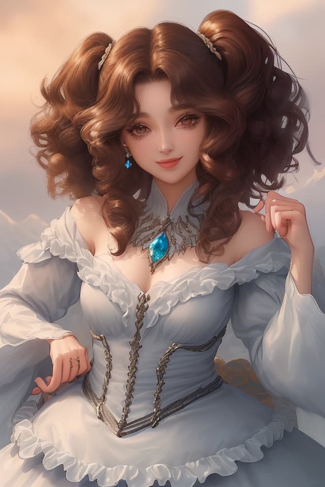  (イラスト風)(close up of upper body)(y beautiful woman)(Mine Fujiko)(nice body)(dark brown curly hair)(in fitted dress)(y smile)Masterpiece,high quality,8k