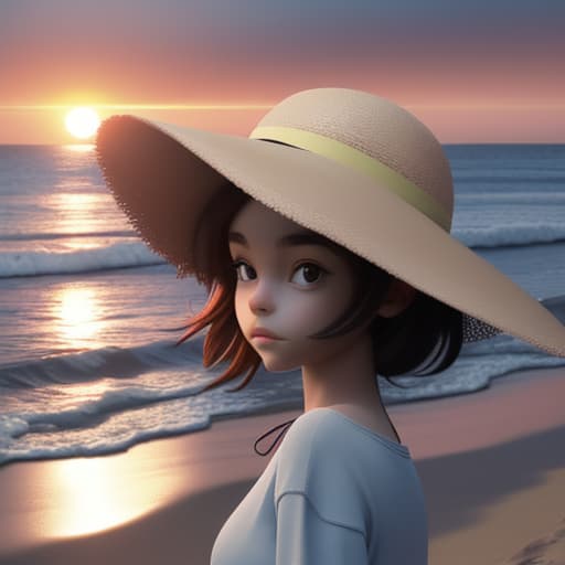  a girl with hat on the beach at sunset