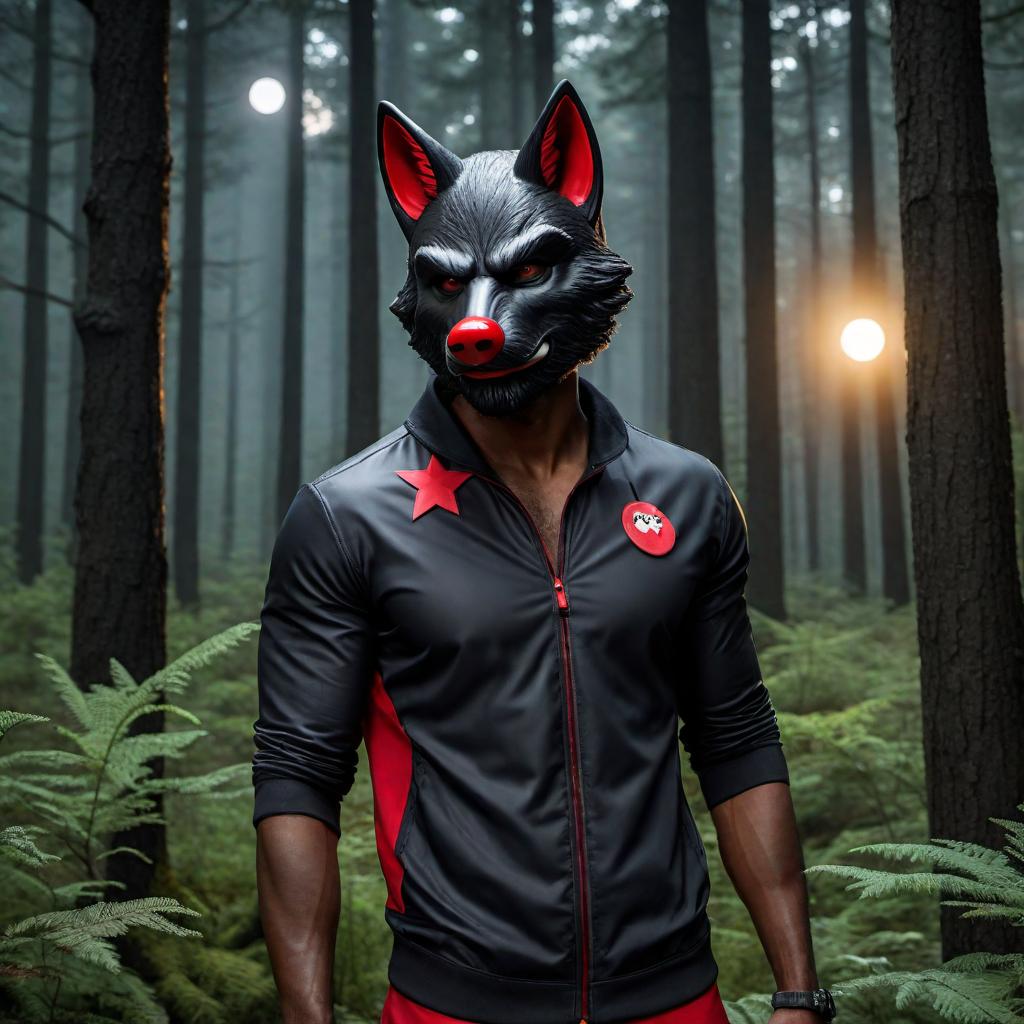  A cartoon character of a black man with a small beard wearing a black, chinless wolf mask and a red nose. The background includes a dark forest with tall trees and a full moon in the night sky. The character should be depicted in a playful, colorful cartoon style. hyperrealistic, full body, detailed clothing, highly detailed, cinematic lighting, stunningly beautiful, intricate, sharp focus, f/1. 8, 85mm, (centered image composition), (professionally color graded), ((bright soft diffused light)), volumetric fog, trending on instagram, trending on tumblr, HDR 4K, 8K