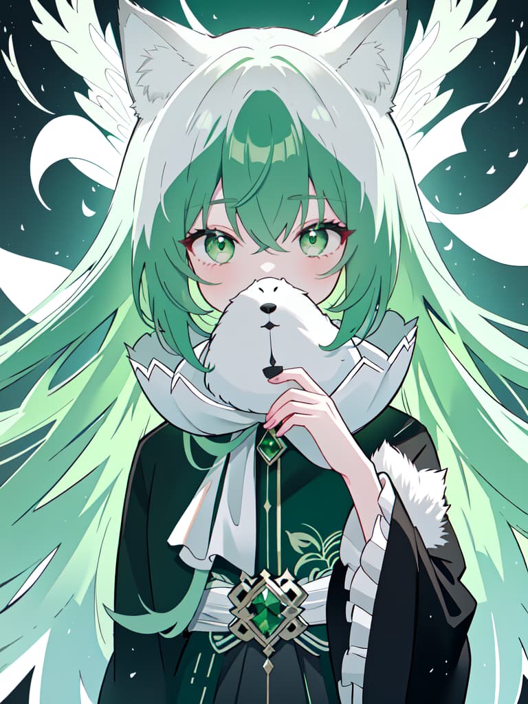  Green hair black suit hiding your face with a white fox mask, masterpiece, best quality,8k,ultra detailed,high resolution,an extremely delicate and beautiful,hyper detail