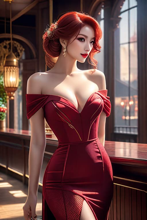  Best quality, ultra realistic photo, redhead with magnificent face, look, dark makeup, bare shoulders, long tight red dress, slit, huge s and neckline down to the , in fishnet stockings, smiling, crossing a bar with Victorian decor hyperrealistic, full body, detailed clothing, highly detailed, cinematic lighting, stunningly beautiful, intricate, sharp focus, f/1. 8, 85mm, (centered image composition), (professionally color graded), ((bright soft diffused light)), volumetric fog, trending on instagram, trending on tumblr, HDR 4K, 8K