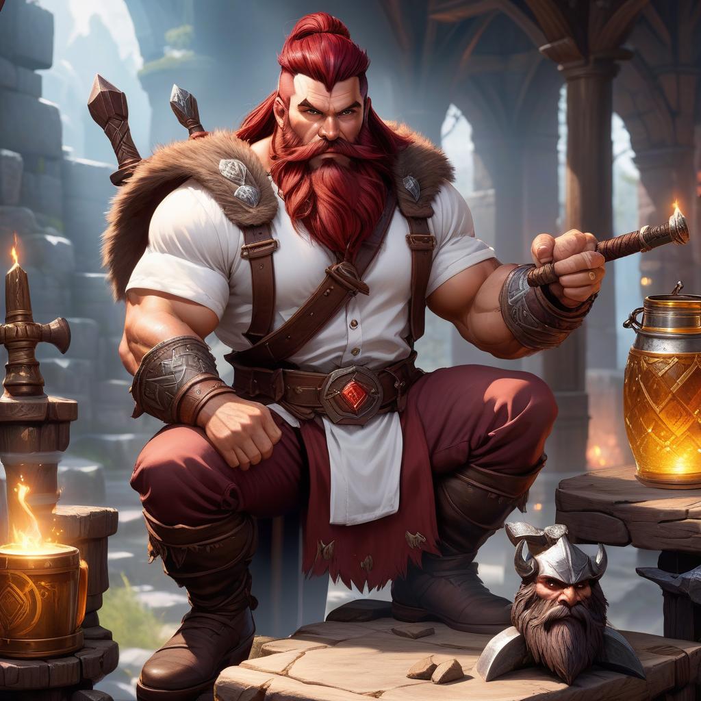  Barbarian dwarf, dark red hair, luxurious beard, white shirt, brown trousers, brown eyes, two handed battle hammer in the left hand, Dungeons and dragons, fantasy, tattoos, glass beer mug in the right hand, fantasy hyperrealistic, full body, detailed clothing, highly detailed, cinematic lighting, stunningly beautiful, intricate, sharp focus, f/1. 8, 85mm, (centered image composition), (professionally color graded), ((bright soft diffused light)), volumetric fog, trending on instagram, trending on tumblr, HDR 4K, 8K