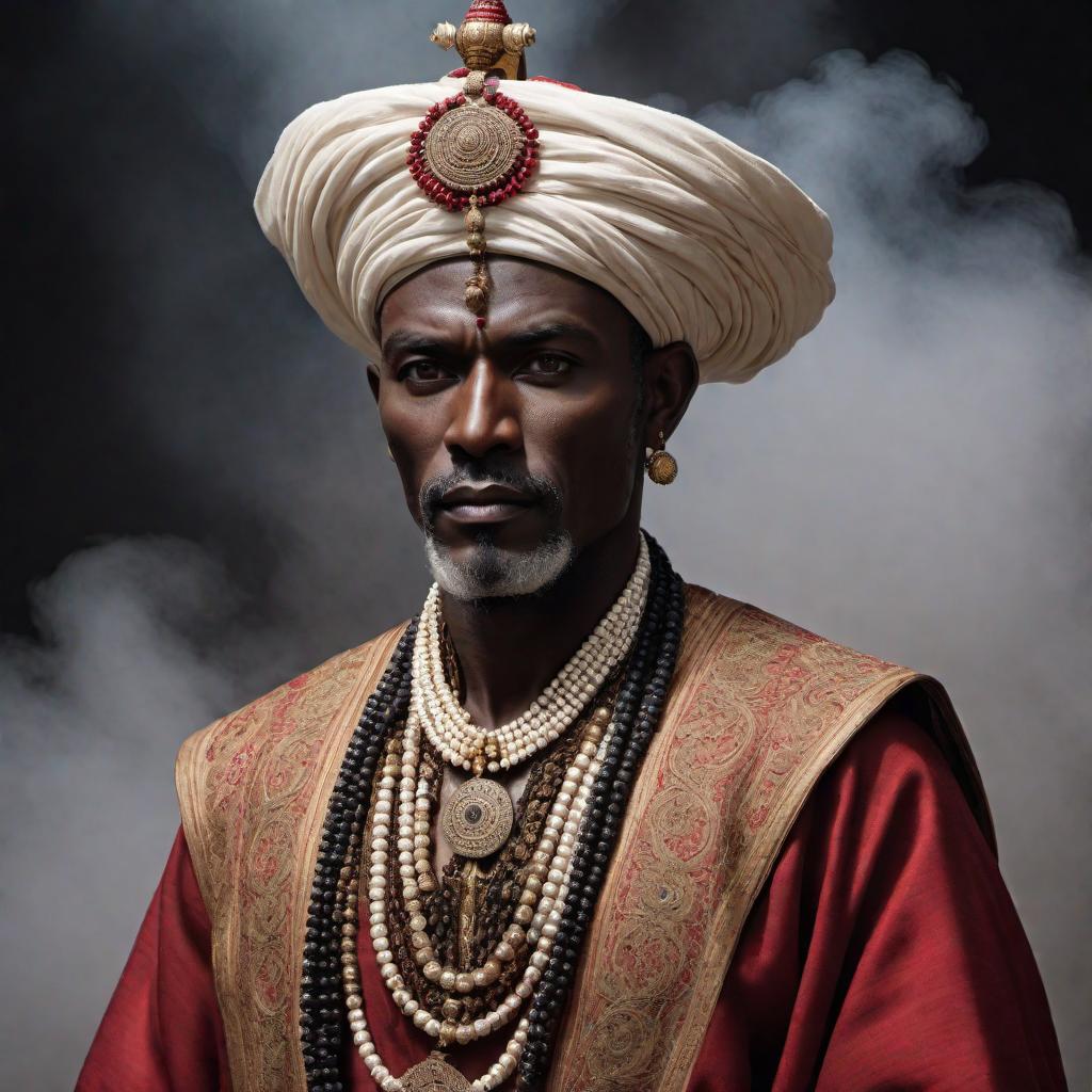  A detailed and respectful portrayal of a figure named Luqman, with very dark skin. The depiction should reflect traditional, mature male features with a wise and dignified appearance. Appropriate cultural attire with an emphasis on respect and authenticity. The scene should capture his wisdom and authority. hyperrealistic, full body, detailed clothing, highly detailed, cinematic lighting, stunningly beautiful, intricate, sharp focus, f/1. 8, 85mm, (centered image composition), (professionally color graded), ((bright soft diffused light)), volumetric fog, trending on instagram, trending on tumblr, HDR 4K, 8K