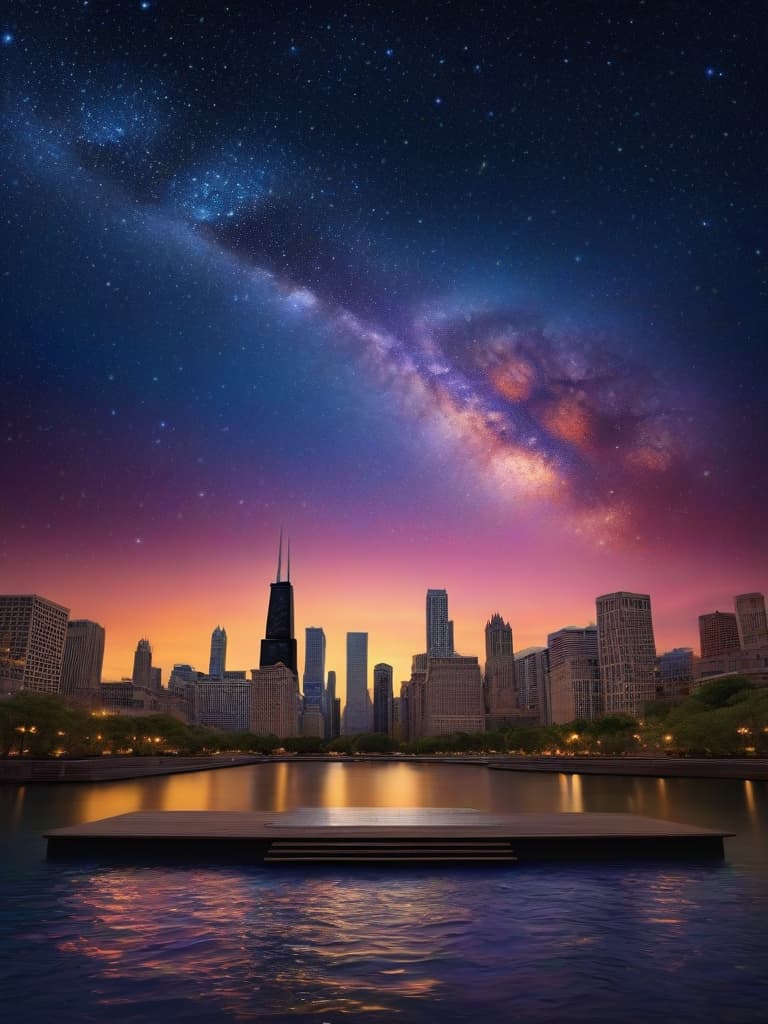  create image. Hyper realistic, Chicago's Museum Campus, Shedd Aquarium, Planetarium and Musem of Natural History, in the style of starry, starry night by Van Gogh, intricate details, epic flambient golden sunrise, dramatic lighting, highly detailed, epic composition, wide angle, cinematic,