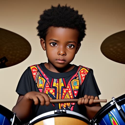  An African young boy sits behind a drum set, his small hands confidently tapping the drumsticks against the drumheads. His face is focused, eyebrows slightly furrowed in concentration as he keeps the rhythm, lost in the music he’s creating.