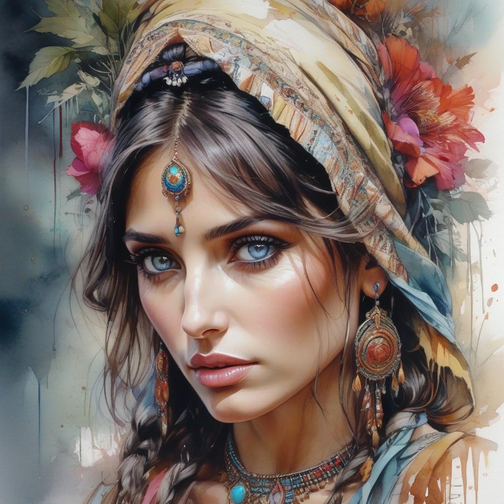  hyperrealistic art Portrait, watercolor of a beautiful gypsy, digital art, fantasy, detailed and fine facial features, wrinkles, eyes with a charming look, typical costume of a young gypsy, very expressive and detailed eyes, behind her there is a small gypsy camp of which It is one part, post impressionist colorism, soft and velvety texture, by wadim kashin and Carne Griffiths . extremely high resolution details, photographic, realism pushed to extreme, fine texture, incredibly lifelike hyperrealistic, full body, detailed clothing, highly detailed, cinematic lighting, stunningly beautiful, intricate, sharp focus, f/1. 8, 85mm, (centered image composition), (professionally color graded), ((bright soft diffused light)), volumetric fog, trending on instagram, trending on tumblr, HDR 4K, 8K