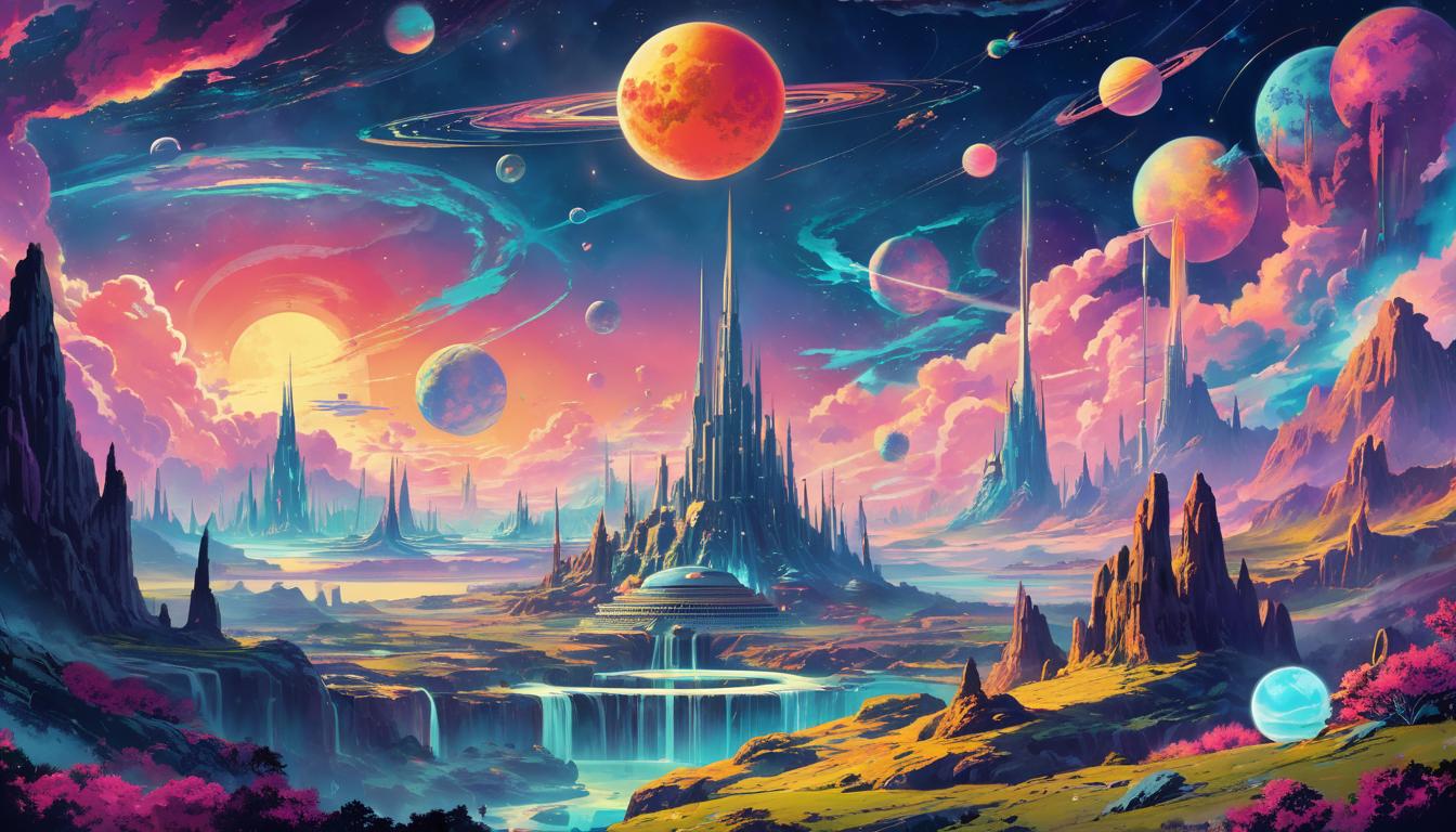  retro futuristic galactic scenery, nebulae, stars, planets, cosmic elegance, majestic celestial realm, infinite space, glowing lights lvintage sci fi, 50s and 60s style, atomic age, vibrant, highly detailed