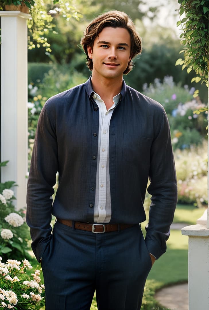   A young man with wavy brown hair and blue eyes is standing in a garden. He is wearing a white linen shirt and white pants. The man has a relaxed expression on his face. He is looking at the camera. The background is blurry. The image has a warm and inviting atmosphere.Art style: painterly, realisticArtist references: John Singer Sargent, Joaquín Sorolla y BastidaCamera settings: 85mm lens, f/2.8 aperture, 1/125 shutter speedLighting: soft, natural lightColors: warm, muted colorsEffects: shallow depth of field, vignetteTexture: smooth, creamy textureBackground: blurry gardenRendering: realistic, painterly rendering  hyperrealistic, full body, detailed clothing, highly detailed, cinematic lighting, stunningly beautiful, intricate, sharp focus, f/1. 8, 85mm, (centered image composition), (professionally color graded), ((bright soft diffused light)), volumetric fog, trending on instagram, trending on tumblr, HDR 4K, 8K