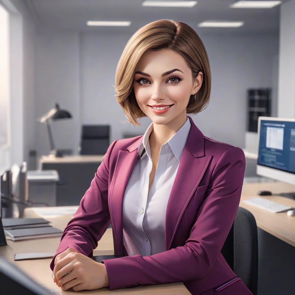  manager with Slavic facial features, dark blond, age 26, with short hair and small plump faces, in a red violet jacket in her office against the backdrop of a white office space in front, looking at the camera, friendly smile, confident teeth hyperrealistic, full body, detailed clothing, highly detailed, cinematic lighting, stunningly beautiful, intricate, sharp focus, f/1. 8, 85mm, (centered image composition), (professionally color graded), ((bright soft diffused light)), volumetric fog, trending on instagram, trending on tumblr, HDR 4K, 8K