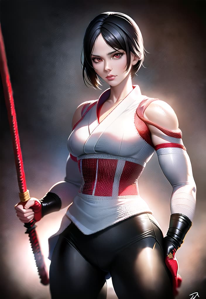  Black hair, berry short hair, beautiful woman, white dress shirt, Japanese samurai red armor, black leather pants, muscles, Japanese swords, head to thighs, (Masterpiece, BestQuality:1.3), (ultra detailed:1.2), (hyperrealistic:1.3), (RAW photo:1.2),High detail RAW color photo, professional photograph, (Photorealistic:1.4), (realistic:1.4), ,professional lighting, (japanese), beautiful face, (realistic face)