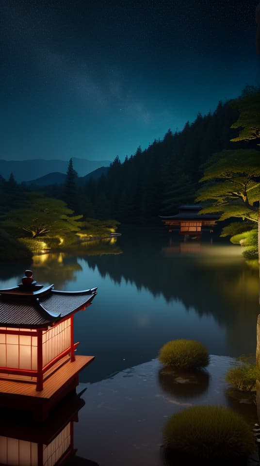  masterpiece, best quality, (Fidelity: 1.4), Best Quality, Masterpiece, Ultra High Resolution, 8k resolution, A night view inspired by Japanese art, featuring a garden illuminated by paper lanterns and a wooden bridge spanning a tranquil lake, by the lakeside, there is a small Zen temple. The water reflects the starry sky.