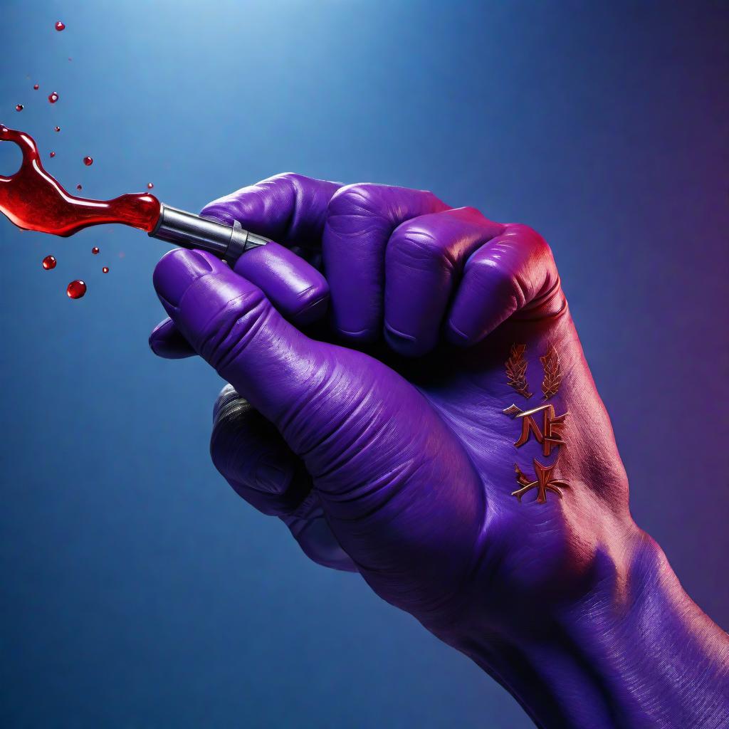  A blue background with a red-outlined communist fist. The fist is purple and has a Metal Gear Solid border around it. Purple blood is dripping from the fist. Across the top, the text 'Network Bros' is displayed. hyperrealistic, full body, detailed clothing, highly detailed, cinematic lighting, stunningly beautiful, intricate, sharp focus, f/1. 8, 85mm, (centered image composition), (professionally color graded), ((bright soft diffused light)), volumetric fog, trending on instagram, trending on tumblr, HDR 4K, 8K